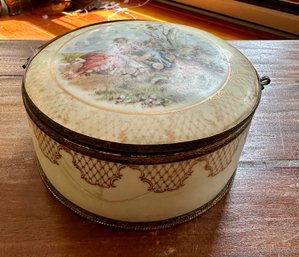 Antique Hinged Lid Trinket Box - Hand Painted Scenes Of Courters -  Made In Germany.