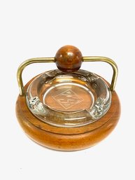 Vintage Heavy Weighted Glass Ashtray In Swanky Walnut Caddy