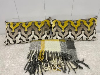 Pair Of Grey & Yellow Lumbar Pillows & Coordinating Max Studio Throw Blanket