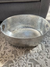 Hammered Silver Tone Metal Basket With Handles.