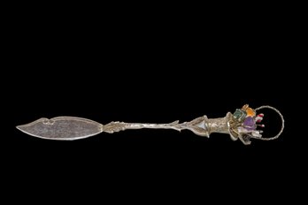 Gorgeous 800 Sterling Silver Butter Knife With Pot Of Flowers Rough Semi Precious Stones - 25 Grams