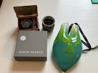 A SIMON PIERCE PAPERWEIGHT AND AN ARTIST SIGNED HANGING WINDOW VASE