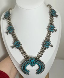 FAUX TURQUOISE SILVER TONE SQUASH BLOSSOM NECKLACE