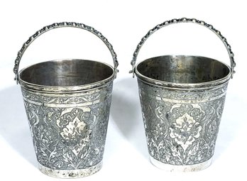 Pair Antique Sterling Silver Hallmarked Persian Bucket Formed Vessels