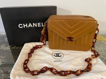 Chanel Mademoiselle Quilted Beige Leather Shoulder Bag With Tortoiseshell Chain Handle & Front Toggle Clasp