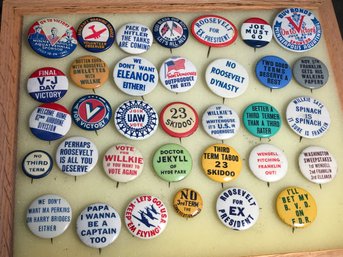 Group Of 33 Vintage World War I I Era Pins - Buy Bonds - 23 Skidoo - V J Day - Very Funny Period Slogans