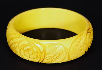 Large Wide Ivory Colored Heavily Carved Bakelite Plastic Bangle Bracelet