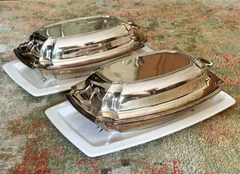 A Pair Of Vintage Silver Plated Copper Cloched Serving Dishes And Hand Painted Ceramic Underplates