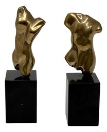 Signed Georgina Male And Female Brass Torso Sculptures On Marble Base