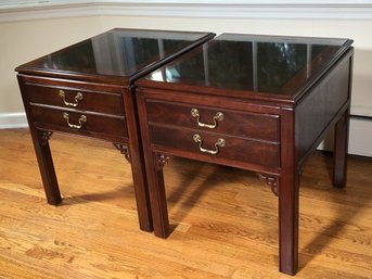 Handsome Pair Of DREXEL End Tables - Both With Two Drawers - Brass Pulls - VERY Clean Pair - Burl Wood Finish