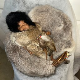 Vintage Sleeping Eskimo Baby Real Fur In Fur-lined  Basket