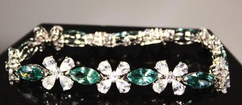 Sterling Silver Large CZ Green And White Link Bracelet