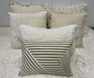 Six Taupe & Cream Throw Pillows Including Geometric Striped Lumbar