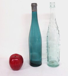 Two Tall & Slender Antique Bottles - A Gorgeous Teal Blue Hock Wine From France And Figural Lime Juice