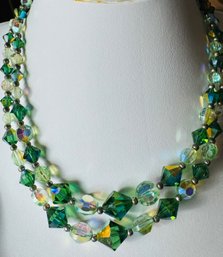 PRETTY GREEN AURORA AND GREEN CRYSTAL DOUBLE STRAND CHOKER NECKLACE