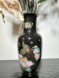 Vintage Porcelain Japanese  Black Peacock Vase