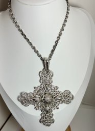 LARGE VINTAGE SIGNED CROWN TRIFARI SILVER TONE FILIGREE CROSS NECKLACE