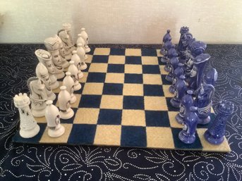 Large Pottery Blue And White Chess Board Pieces And Cloth Board