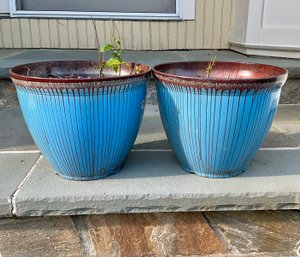 Pair Of Pretty Blue Planter Pots With Glazed Finish