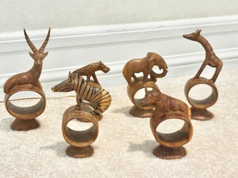 Set Of 6 - Hand Carved Wood African Animal Napkin Rings