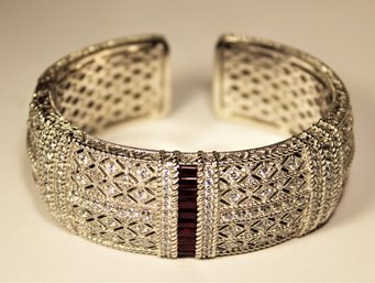 Large Heavy Judith Ripka Sterling Silver Cuff Bracelet Red And White Stones