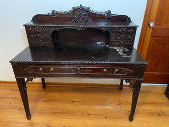 Antique Writing Table Desk Ornate Carved Back And Drawers 48x23x47 Beautiful Piece