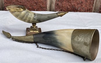 A Pair Of Antique Decorated Horns- Early Powder Horn And Desktop Pen Rest/ Cornucopia