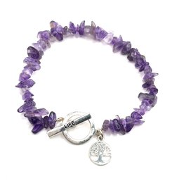 Lovely Sterling Silver Tree Of Life Amethyst Color Nugget Charm Bracelet