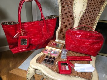 Incredible Brand New $195 ELIZABETH ARDEN Red Faux Alligator Bags WITH ALL COSMETICS - Fantastic Gift Set