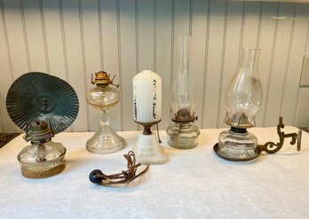 Art Deco Opaque Glass Lamp & Four Antique Oil Lamps