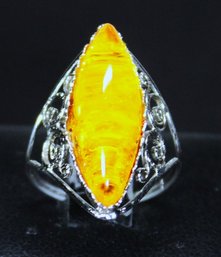 Vintage Sterling Silver Openwork Ladies Ring Having Large Amber Stone Size 7