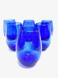 Set Of 6 Stunning Hand-blown Bullicante Cobalt Blue Stemless Wine Glasses