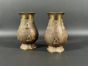 A Fantastic Pair Of Vintage Brass Vases Embossed With Hindu Gods