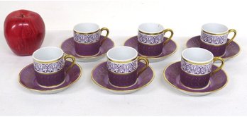A Set Of Six Rudolph Wachter Germany 22k Demitasse Or Espresso Cup & Saucers In Grape Purple & Gold
