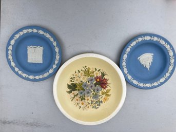 2 Wedgewood Plates And Decorative Yellow Plate With Flowers