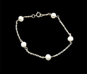 Vintage Sterling Silver And White Beaded Bracelet