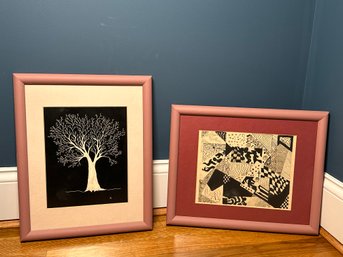 Hand Painted Tree & Abstract Black & White Framed Art