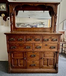 Fancy Antique Quarter Sawn Oak Server With Beveled Glass Mirror