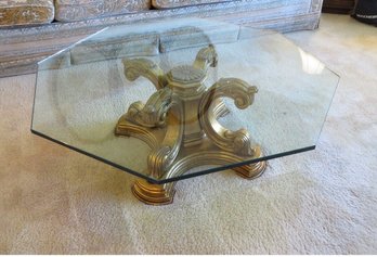 Gorgeous Hollywood Regency Octagonal Glass Topped Coffee Table With Giltwood Pedestal Base