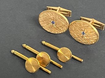 Tiffany & Co 14k Yellow Gold Textured Sapphire Men's Cufflinks & 3pc Stud Set