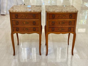 Pair Of Marble Top Painted Nightstand Side End Bedside Table