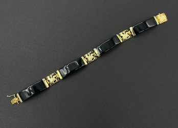 Black Onyx Dragon Station Bracelet In 14k Yellow Gold