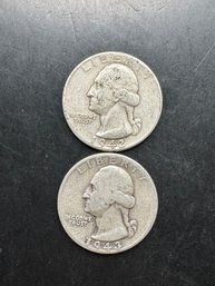 2 Washington Silver Quarters 1942, 1943