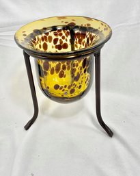 Vintage Tortoise Glass Votive Holder With Wrought Iron Stand