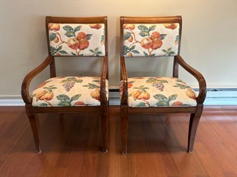 Pair Of Solid Carved Wood Arm Chairs With Fruit Theme Fabric