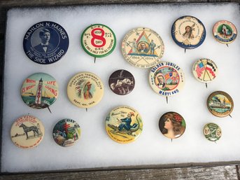 Lot Of 16 Antique Advertising &  Fraternal Pins - Morocco Temple - Mahlon Haines - The Shoe Wizard MANY More !