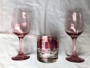 Lot Of MCM Cranberry Glass - 1 Culver Cera Whiskey Tumbler & 2 Cranberry Glass Wine Glasses