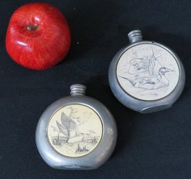 Two Sheffield Pewter Pocket Flasks With Highly Detailed Composite Carved Insets
