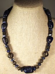 Genuine Lapis Beaded Silver Tone Necklace 16' Long