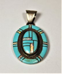 Fine Signed Southwestern Genuine Turquoise And Opal Inlaid Pendant Sterling Silver